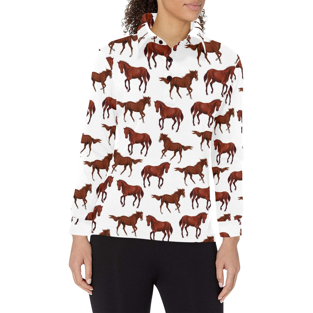 Horses running pattern background Women's Long Sleeve Polo Shirt