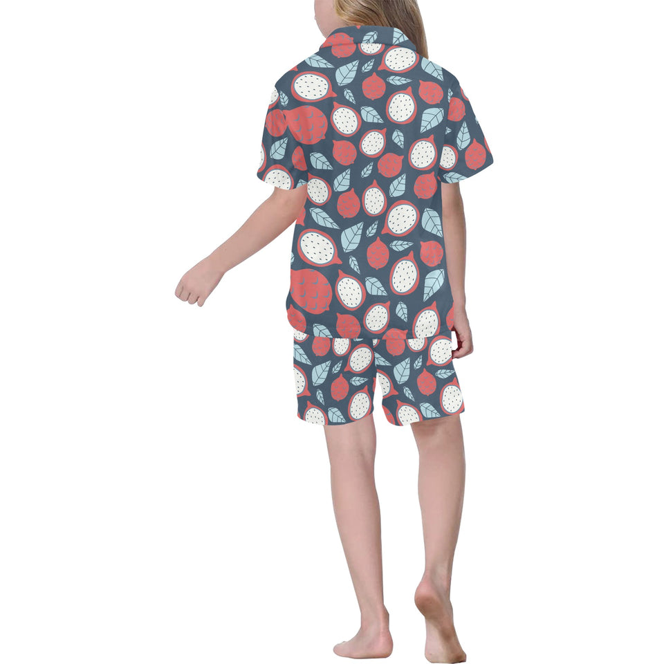 dragon fruits dark blue background Kids' Boys' Girls' V-Neck Short Pajama Set