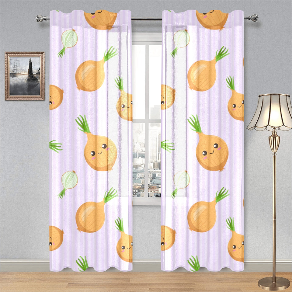 cute onions smiling faces purple background Gauze Curtain
