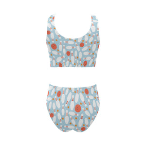 Bowling ball bowling pins blue blackground Chest Bowknot High Waisted Bikini Swimsuit