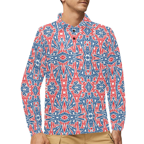 Blue Red Eiffel Tower Pattern Print Design 02 Men's Long Sleeve Polo Shirt