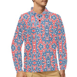 Blue Red Eiffel Tower Pattern Print Design 02 Men's Long Sleeve Polo Shirt