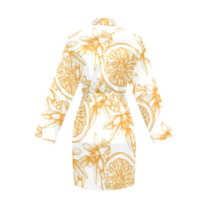 hand drawn orange fruit pattern Women's Long Sleeve Belted Night Robe