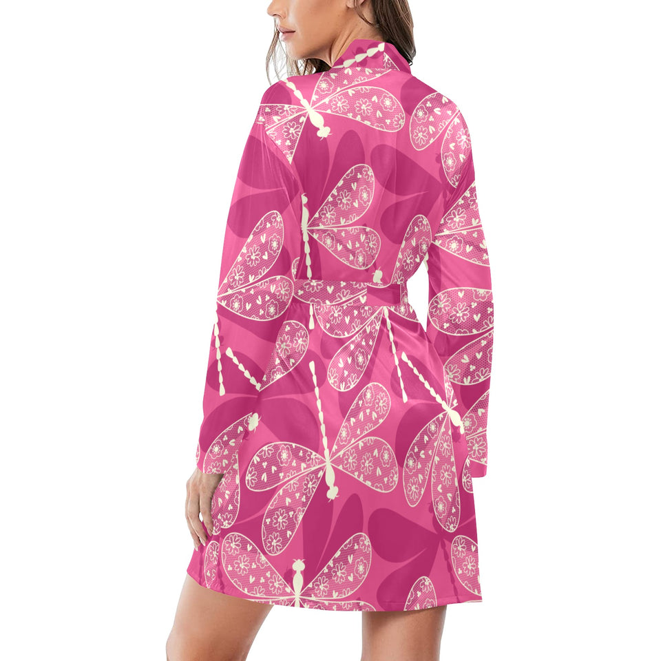 Beautiful dragonfly pink background Women's Long Sleeve Belted Night Robe