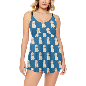 Golden Retriever Pattern Print Design 03 Chest Sexy Pleated Two Piece Swim Dress