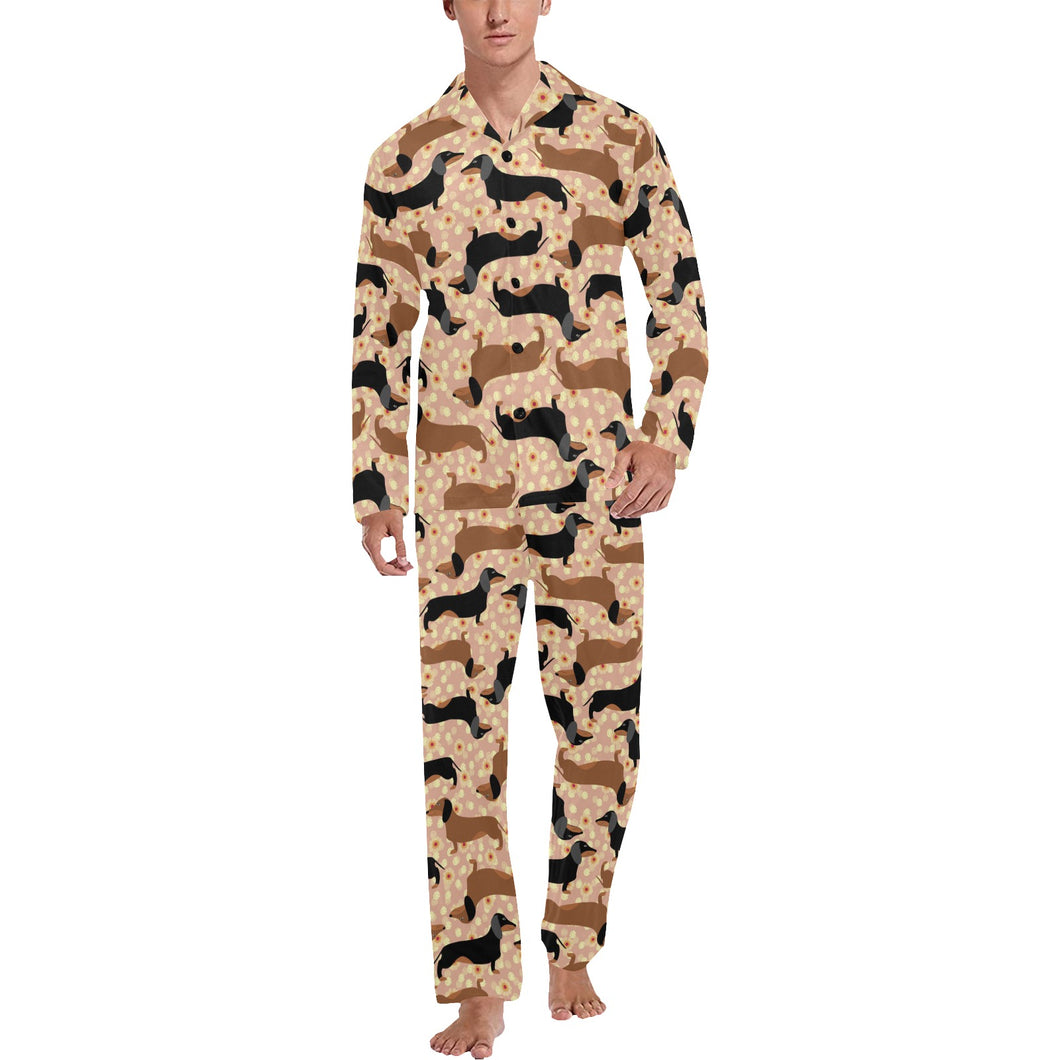 Dachshund floral background Men's Long Pajama Set