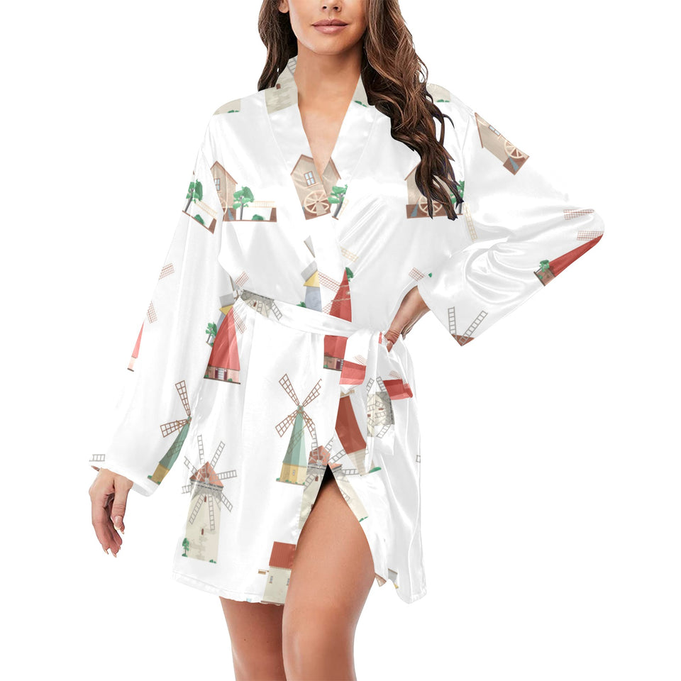 windmill design pattern Women's Long Sleeve Belted Night Robe