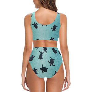 Sea turtle with blue ocean backgroud Chest Bowknot High Waisted Bikini Swimsuit