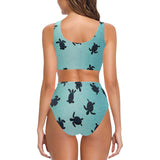 Sea turtle with blue ocean backgroud Chest Bowknot High Waisted Bikini Swimsuit