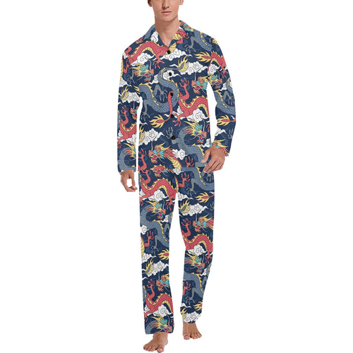 Blue red dragon cloud pattern Men's Long Pajama Set