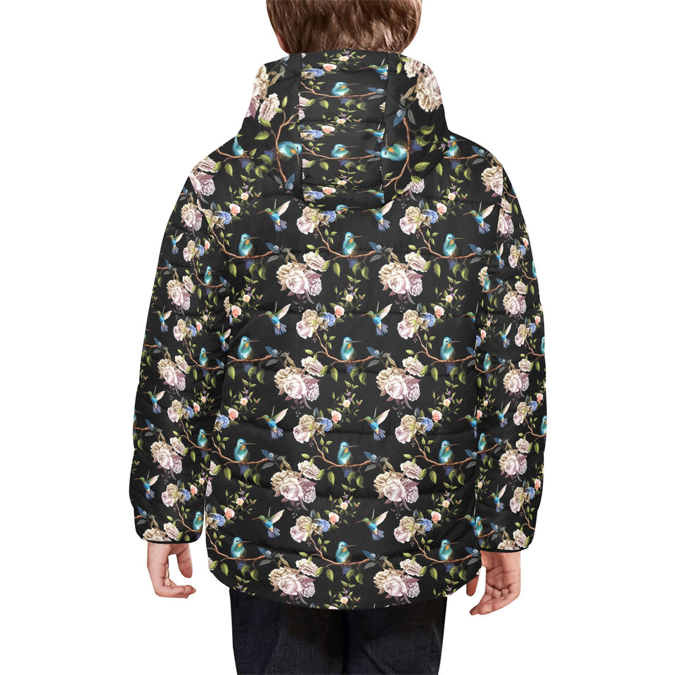 Hummingbird Pattern Print Design 03 Kids' Boys' Girls' Padded Hooded Jacket