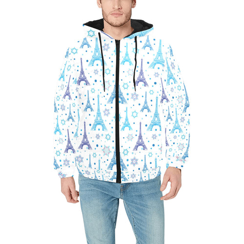 Blue Eiffel Tower Theme Pattern Print Design 01 Men's Padded Hooded Jacket
