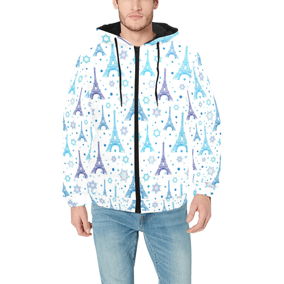 Blue Eiffel Tower Theme Pattern Print Design 01 Men's Padded Hooded Jacket