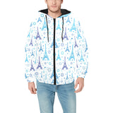 Blue Eiffel Tower Theme Pattern Print Design 01 Men's Padded Hooded Jacket