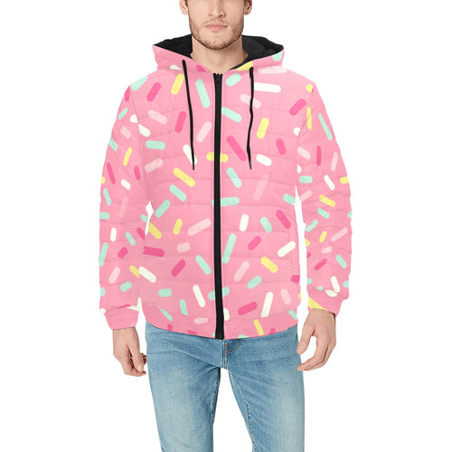 Pink donut glaze candy pattern Men's Padded Hooded Jacket