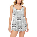 Cute raccoons leaves dot Chest Sexy Pleated Two Piece Swim Dress
