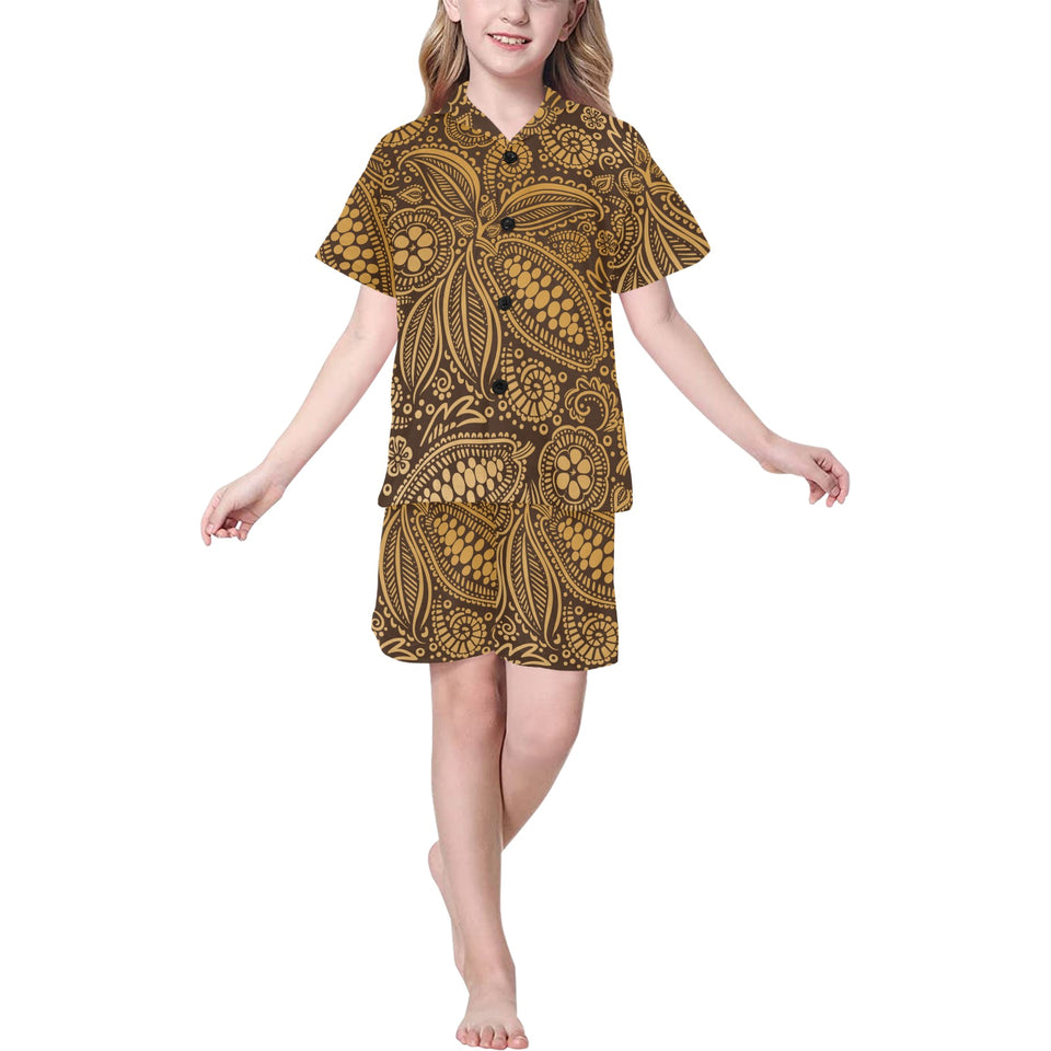 cacao beans tribal polynesian pattern background Kids' Boys' Girls' V-Neck Short Pajama Set