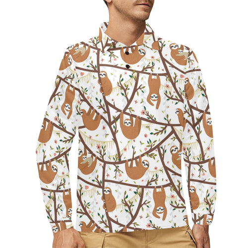 Sloths hanging on the tree pattern Men's Long Sleeve Polo Shirt