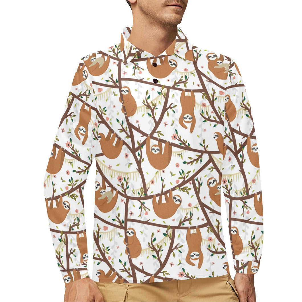 Sloths hanging on the tree pattern Men's Long Sleeve Polo Shirt