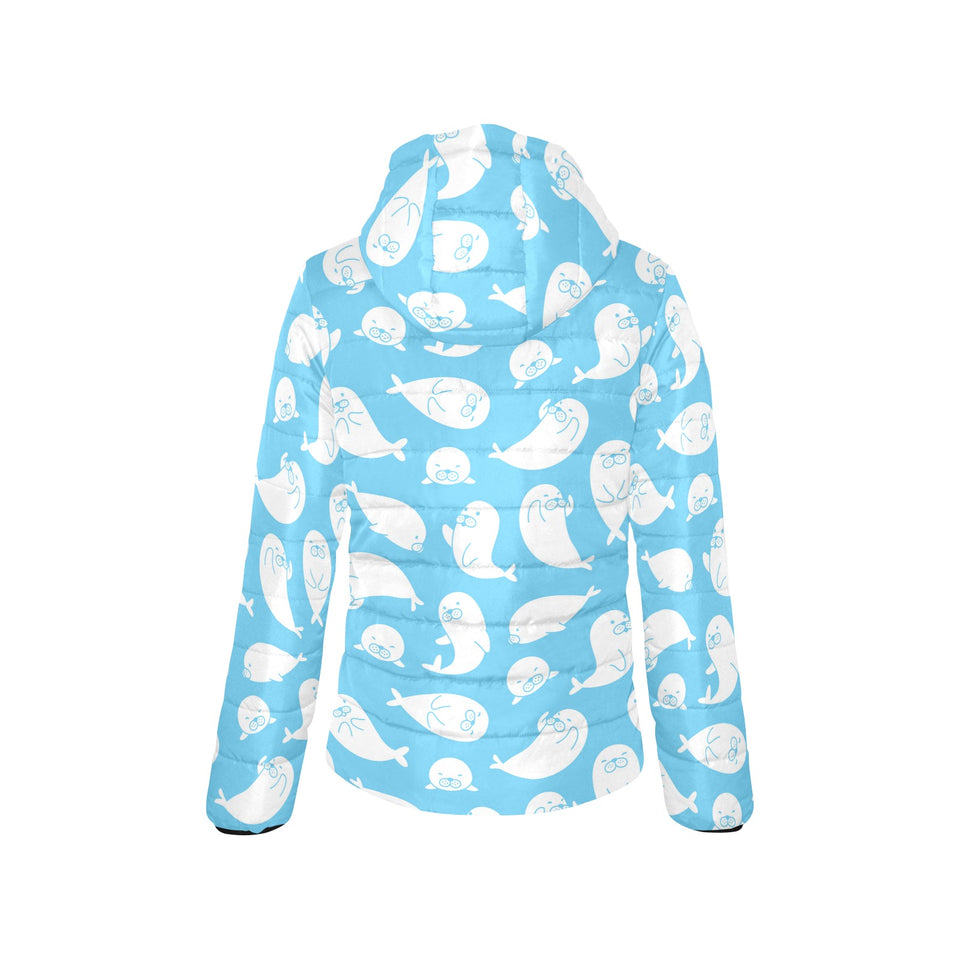Cute white sea lion seals pattern Women's Padded Hooded Jacket