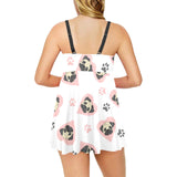 Cute pugs pink heart paw pattern Chest Sexy Pleated Two Piece Swim Dress