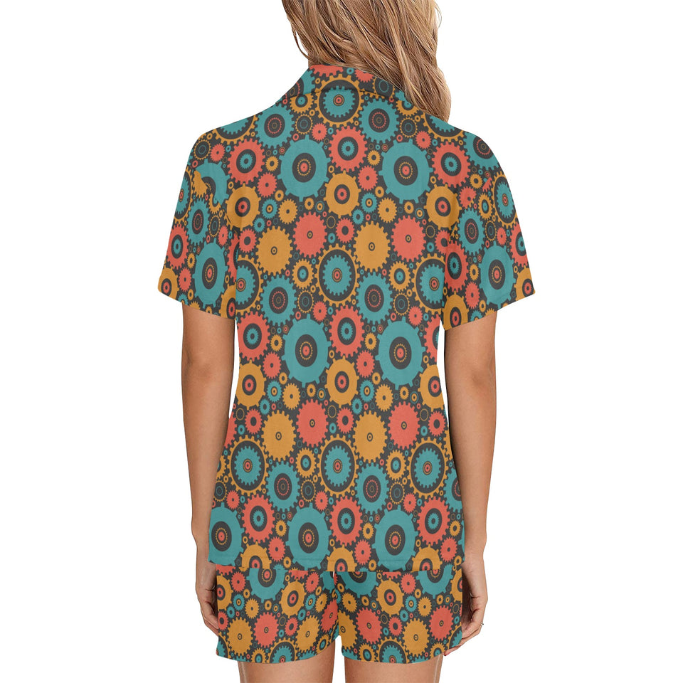 Gear Pattern Print Design 01 Women's V-Neck Short Pajama Set