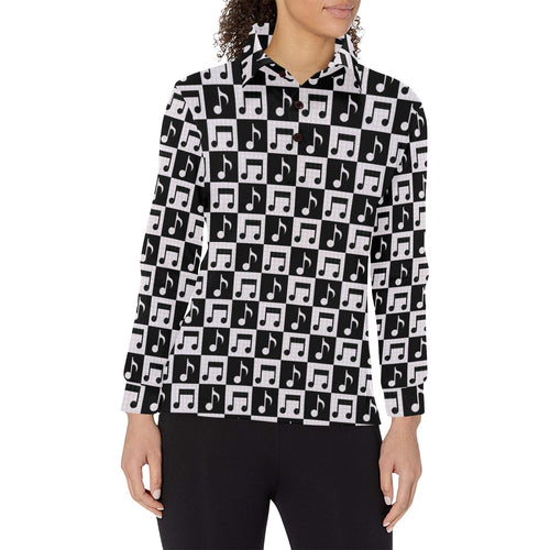 Music Notes Pattern Print Design 01 Women's Long Sleeve Polo Shirt