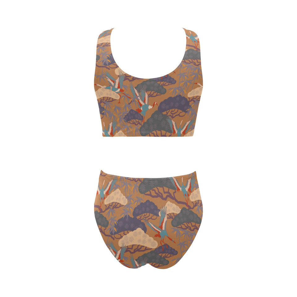 Bonsai bamboo stork japanese pattern brown theme Chest Bowknot High Waisted Bikini Swimsuit