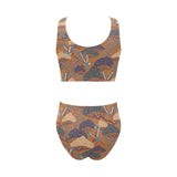 Bonsai bamboo stork japanese pattern brown theme Chest Bowknot High Waisted Bikini Swimsuit