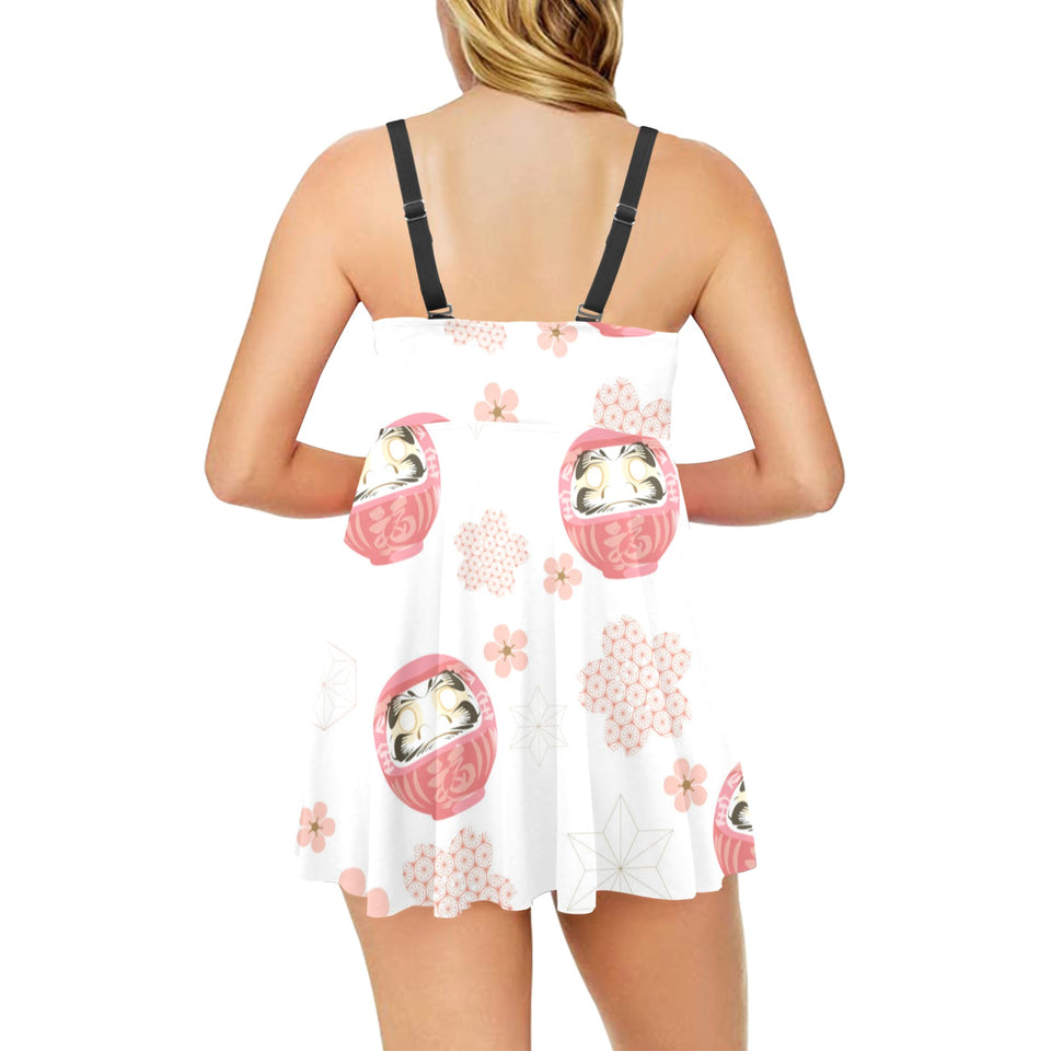 Daruma japanese wooden doll cherry blossom flower Chest Sexy Pleated Two Piece Swim Dress