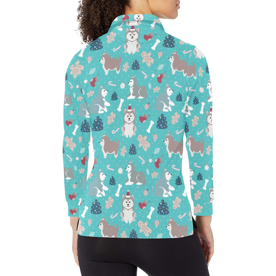 Christmas cute siberian husky puppie pattern Women's Long Sleeve Polo Shirt