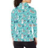 Christmas cute siberian husky puppie pattern Women's Long Sleeve Polo Shirt