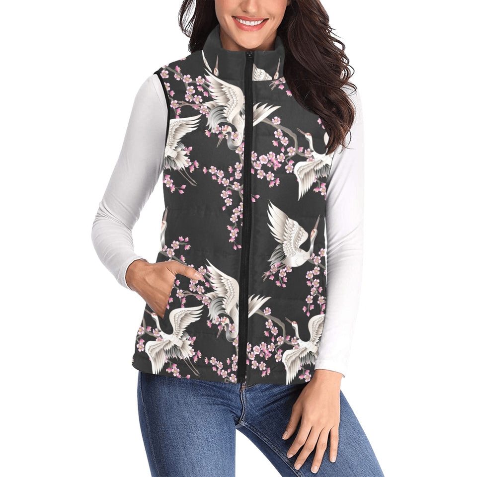 Japanese crane pink sakura pattern Women's Padded Vest
