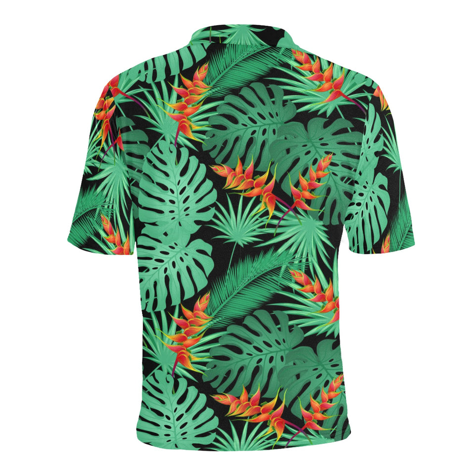 heliconia flower palm monstera leaves black backgr Men's All Over Print Polo Shirt