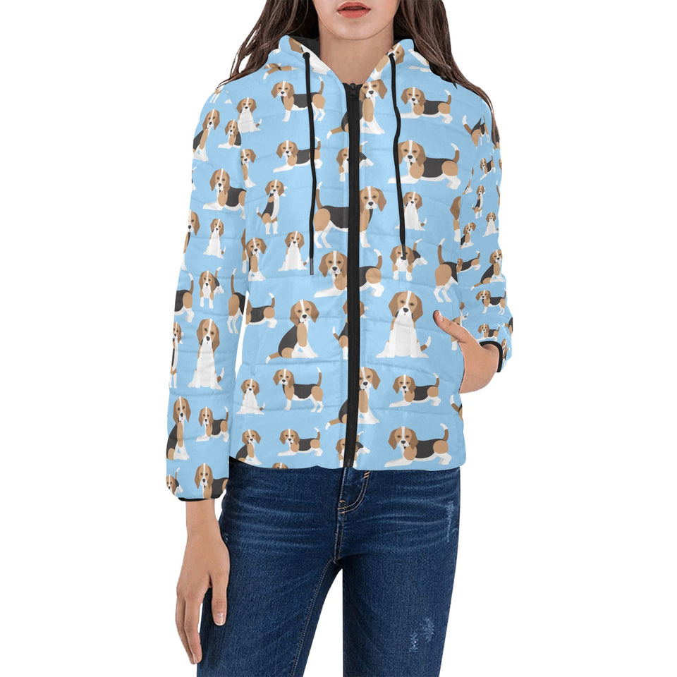 Beagle dog blue background pattern Women's Padded Hooded Jacket