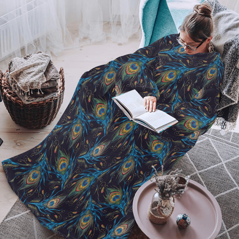 Beautiful peacock feather pattern Blanket Robe with Sleeves
