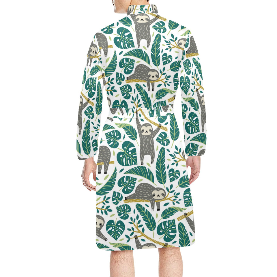 Cute sloths tropical palm leaves white background Men's Long Sleeve Belted Night Robe