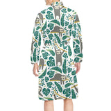 Cute sloths tropical palm leaves white background Men's Long Sleeve Belted Night Robe