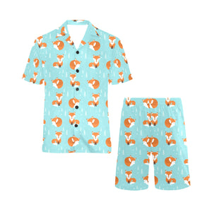 Fox pattern blue b ackground Men's V-Neck Short Pajama Set