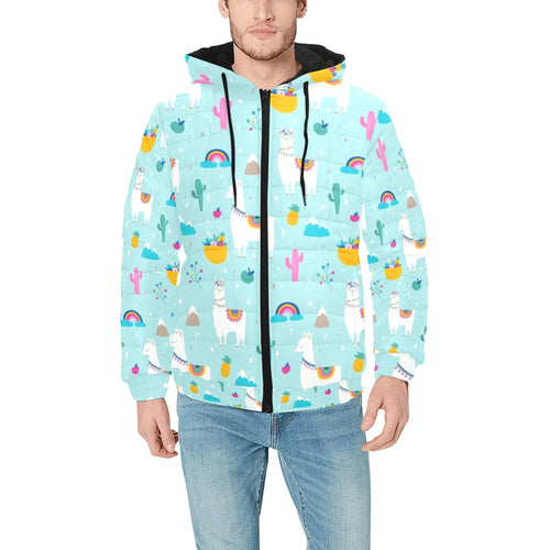 Llama alpaca cactus leaves pattern Men's Padded Hooded Jacket
