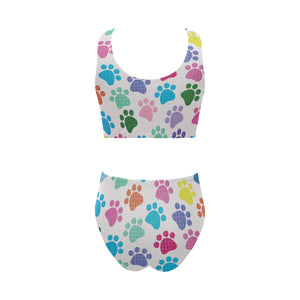 Dog Paws Pattern Print Design 01 Chest Bowknot High Waisted Bikini Swimsuit