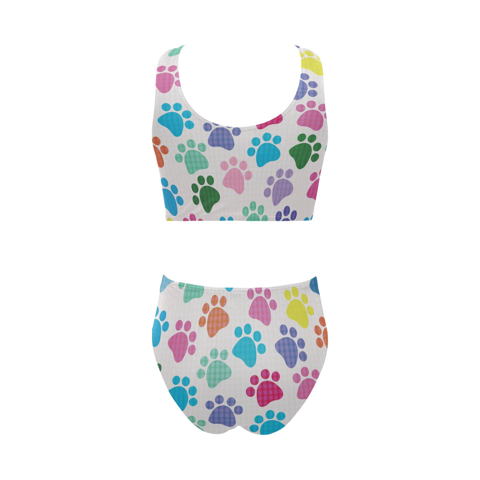 Dog Paws Pattern Print Design 01 Chest Bowknot High Waisted Bikini Swimsuit