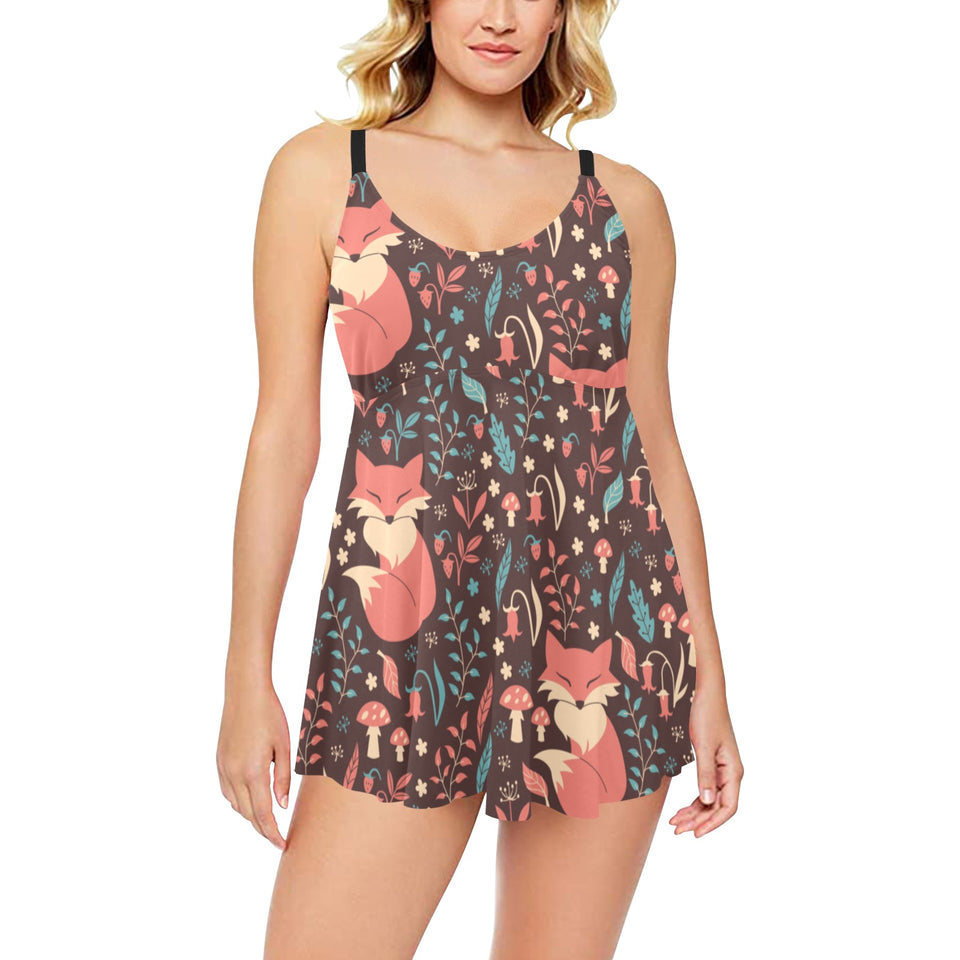 fox leaves mushroom pattern Chest Sexy Pleated Two Piece Swim Dress