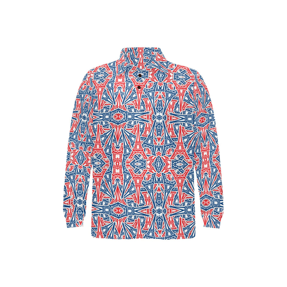 Blue Red Eiffel Tower Pattern Print Design 02 Men's Long Sleeve Polo Shirt