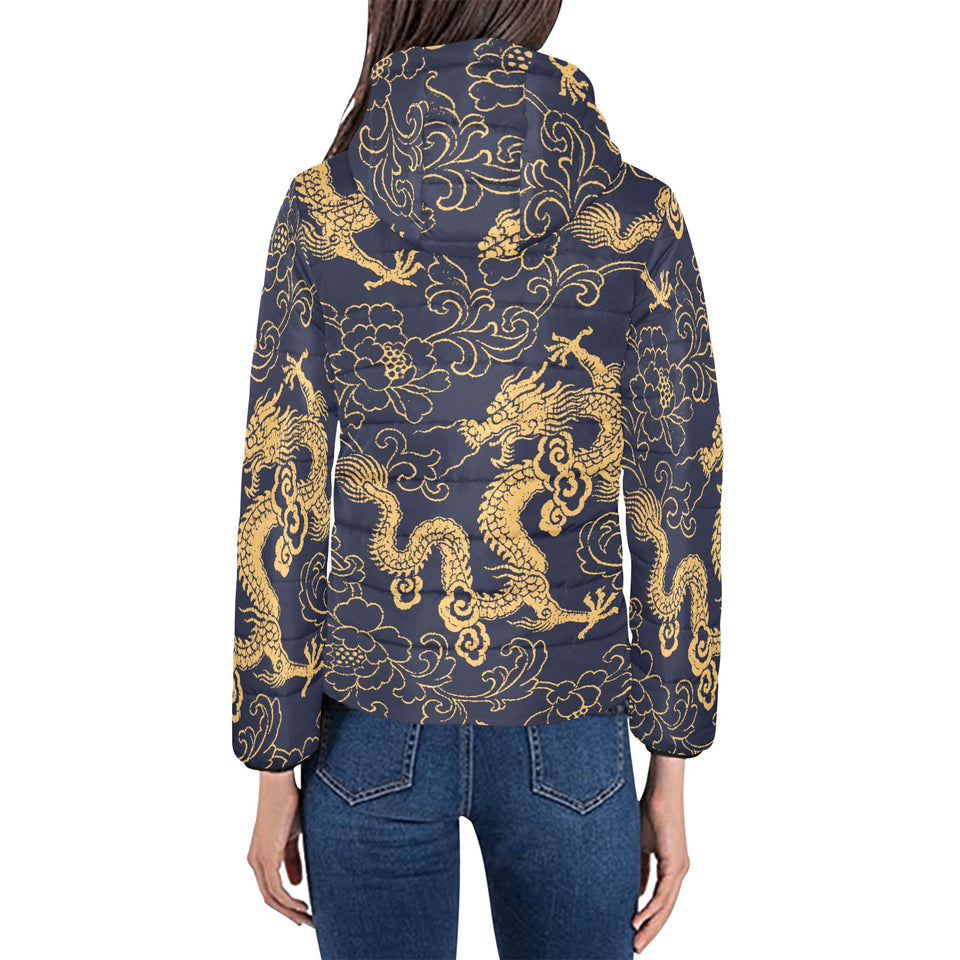 Gold dragon pattern Women's Padded Hooded Jacket