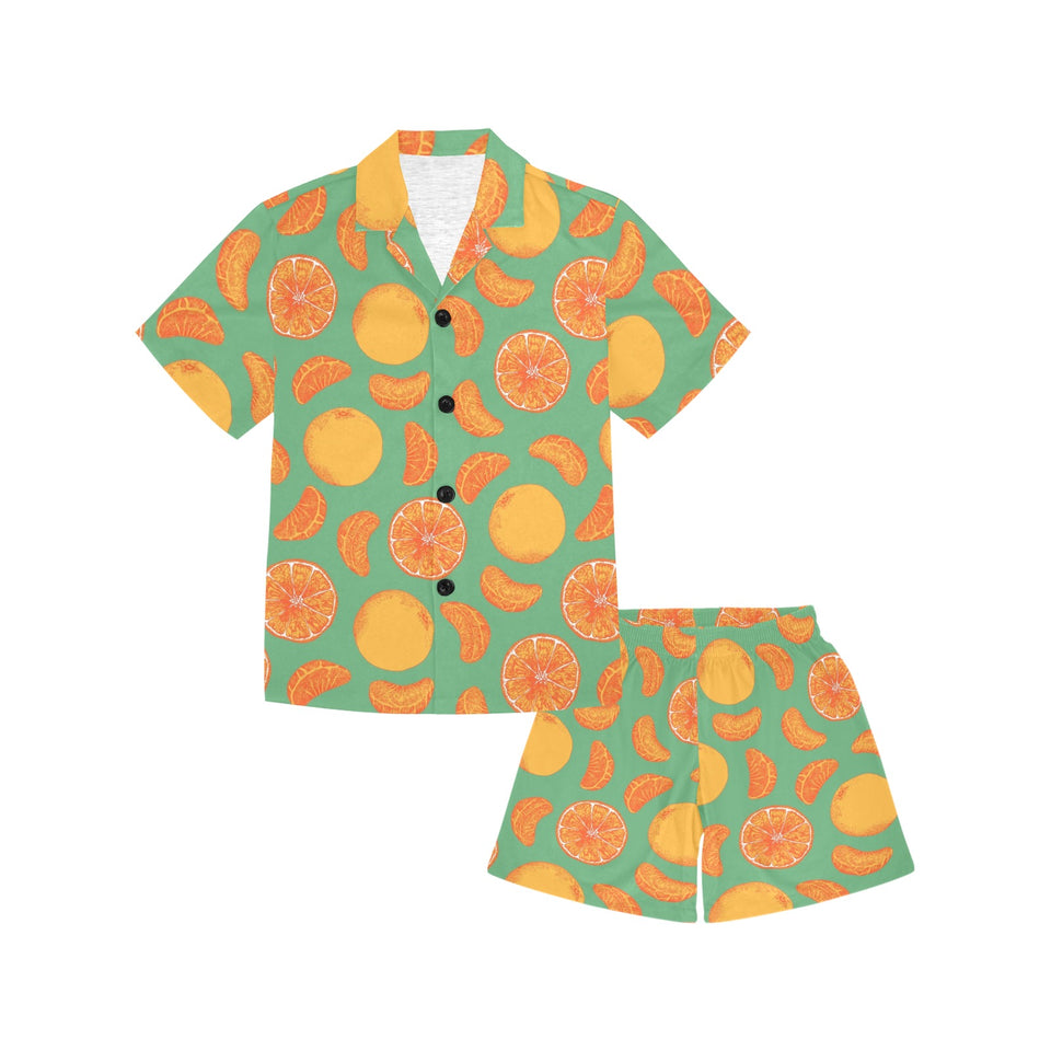 orange fruit pattern green background Kids' Boys' Girls' V-Neck Short Pajama Set