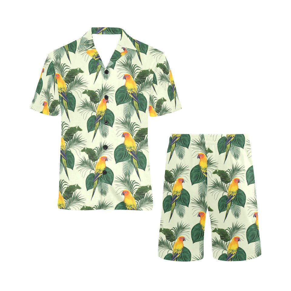 Beautiful parrot palm leaves pattern Men's V-Neck Short Pajama Set