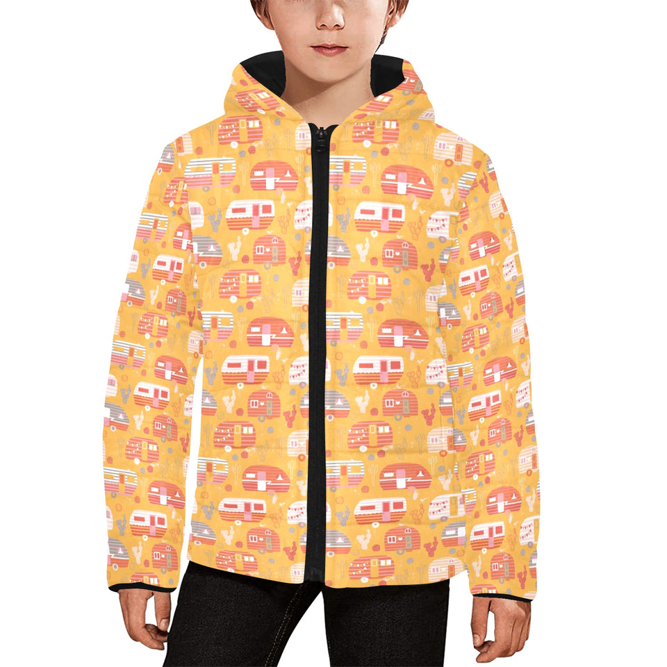 Camper Van Pattern Print Design 04 Kids' Boys' Girls' Padded Hooded Jacket