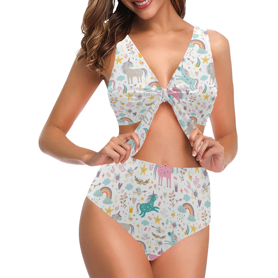 Colorful unicorn pattern Chest Bowknot High Waisted Bikini Swimsuit