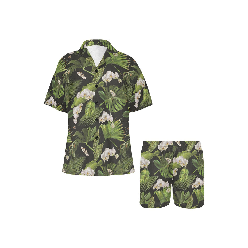 White orchid flower tropical leaves pattern blackg Women's V-Neck Short Pajama Set
